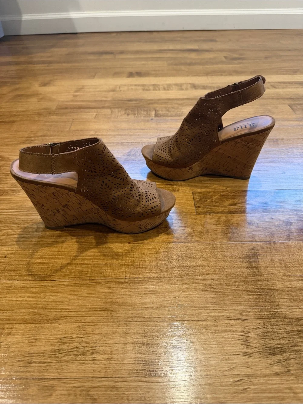 Perforated Tan Cork Wedge Sandals with Slingback